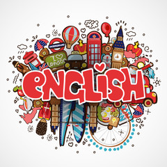 Word ENGLISH on white background with england elements and objects - educational and travelling concept. Vector fun cartoon illustration with word English and national objects. Set of Fun cartooning