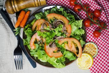 raw fish salad and vegetables fruit