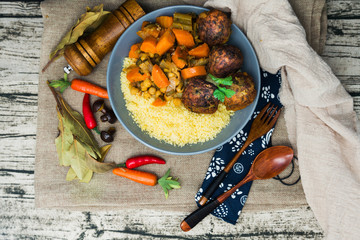 Kofta Tagine Moroccan Meatballs Served With Semolina and Vegetables