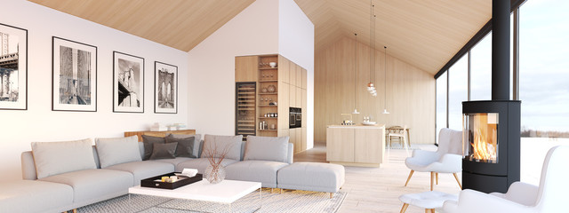 new modern scandinavian loft apartment. 3d rendering - obrazy, fototapety, plakaty