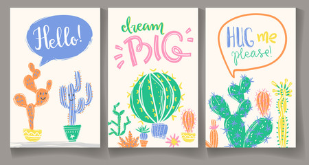 Collection of greeting cards with hand drawn cactus. Bright exot