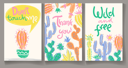 Collection of greeting cards with hand drawn cactus. Bright exot