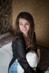 Fototapeta premium Black hair woman. Beautiful brunette with long black hair