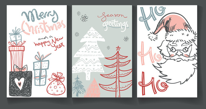 Collection of winter greeting cards with doodle hand drawn Santa