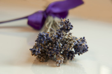 lavender bouquet whit purple ribbon lying on a white table