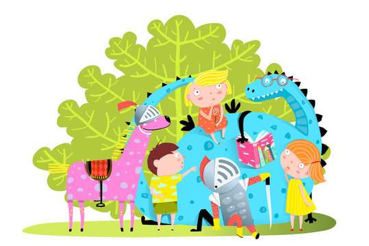 kids, knight, pink horse, blue dragon, reading