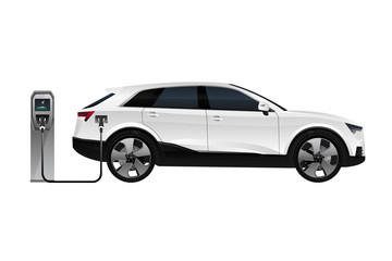 White electric SUV is charging from the charging station. Vector illustration EPS 10