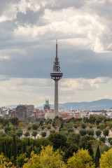 Obraz premium Skyline of Madrid with the communications tower El Piruli and the cemetery of Almudena in the foreground