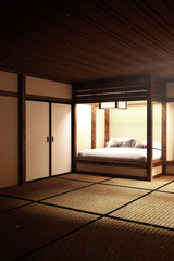 Japanese bed room interior has lamp katana sword and pillow. 3D rendering