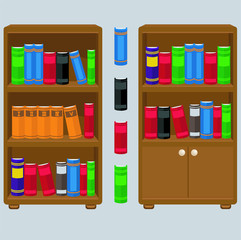 Bookcase with books in two versions. Vector illustration set.