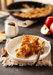 Slice of freshly baked apple pie with caramel sauce and cinnamon
