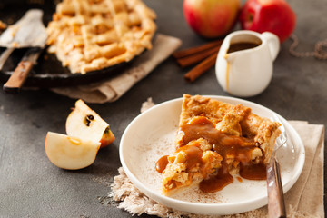 Slice of freshly baked apple pie with caramel sauce and cinnamon