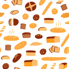 Vector seamless pattern of different kinds of bread. Bakery prod