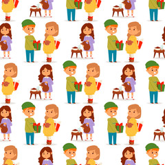 Christmas kids vector character playing winter games winter children holidays christmas tree cartoon new year xmas kid seamless pattern background