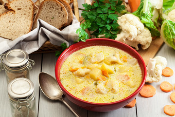 Vegetable soup with ingredients carrot, cauliflower, potato and parsley