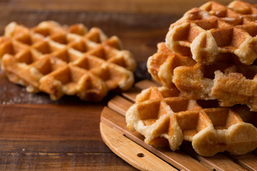 Honey Waffle Put On white Plate, honey waffle put on wooden table, delicious honey waffle