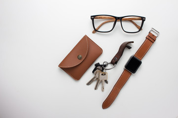 Objects made by brown on white background.Top view