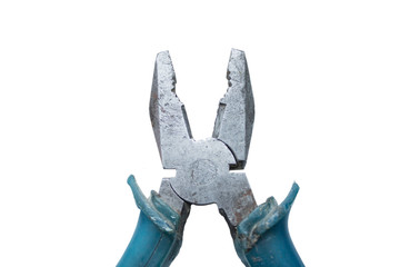 old shabby blue pliers on white background