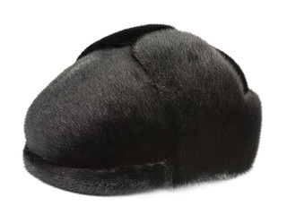 Natural fur winter cap isolated on white 