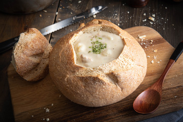 clam chowder in sour dough bread bowl