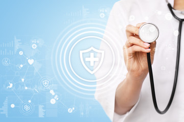 Medical concept on virtual screen. Healthcare. Online medical consultation and health check, EMR,...