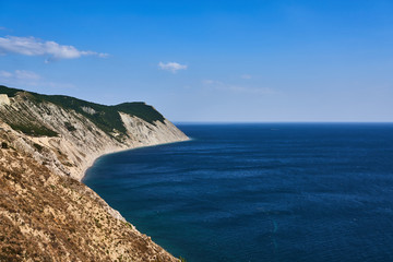 Panoramic view of the sea coast. On the left bay, on the right the sea. Black Sea, Supseh, Anapa, Krasnodar region, Russia.
