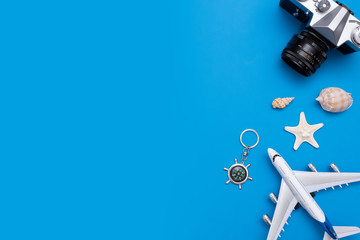 Summer Travel accessories on blue background