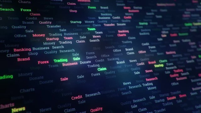 Abstract background with seamless animation flickering words of business, finance, technology or marketing on display screen. 