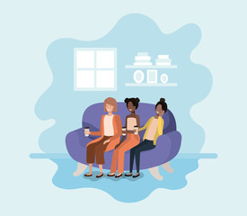 women sitting on sofa with coffee avatar character