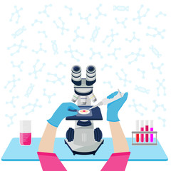 Scientist's hands reseaching substance with microscope