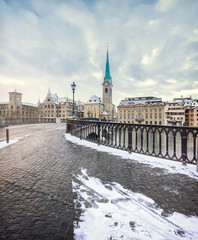 Old Zurich town in winter, view on lake