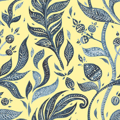 Seamless floral pattern with Abstract Exotic leaves and flowers. Watercolor background. Hand painted Vintage illustration