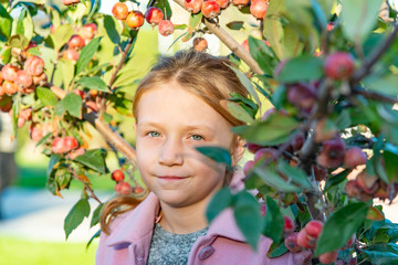 A beautiful girl in a pink coat is standing near an apple tree with fruits in the trees.