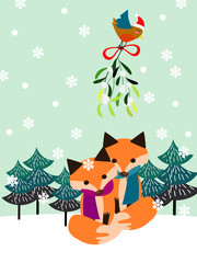 Couple fox is sitting under mistletoe.