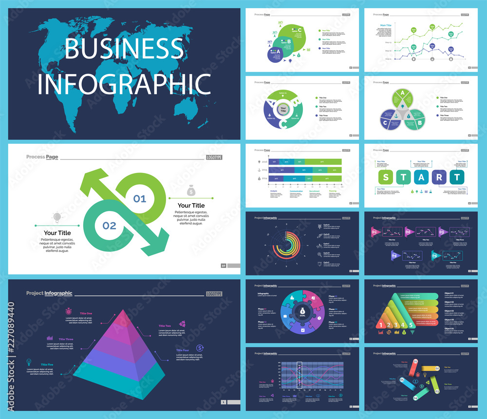 Poster set of strategy or analysis concept infographic charts. business diagrams for presentation slide tem