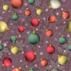 New Year pattern with Christmas balls and snowflakes on a lilac background. As material for gift wrapping or background.