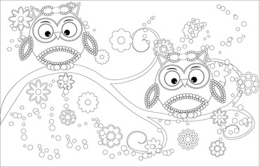 Fototapeta premium Coloring book for adult and older children. Coloring page with cute owl and floral frame. Outline drawing in zentangle style