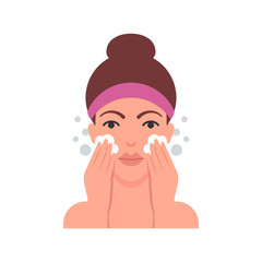 Vector illustration of woman is washing her face with cleanser, flat style