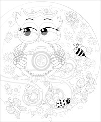 Doodles design of a photographer owl taking photo. coloring book for adult, card,poster,banner
