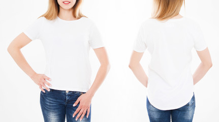Front and back views of pretty woman, girl in stylish tshirt on white background. Mock up for...