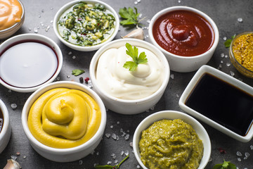 Sauce set assortment - mayonnaise, mustard, ketchup and others.