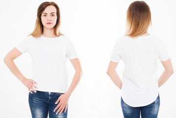 Front and back views of young sexy woman in stylish tshirt on white background. Mock up for design. Copy space. Template. Blank