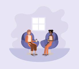 women sitting on sofa with coffee avatar character