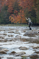 Fototapeta na wymiar Man fly fishing in the fall in a river