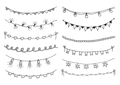 Set of hand drawn sketch garlands with flags and light bulbs.