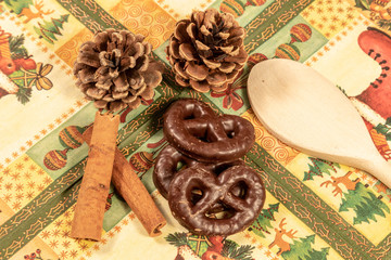 Gingerbread pretzels between christmas decoration 