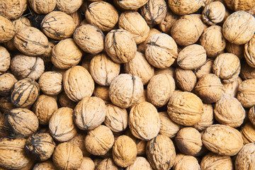 Walnut background, scattered pile of walnuts