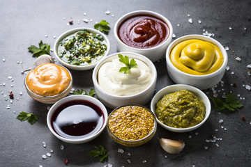 Sauce set assortment - mayonnaise, mustard, ketchup and others.