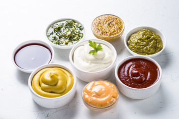 Sauce set assortment - mayonnaise, mustard, ketchup and others.