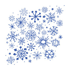 Set of hand drawn sketch snowflakes.